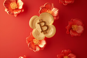 Bitcoin and flowers on red background. Cryptocurrency concept. Golden Bitcoin Amidst Blooming Flowers: A Symbol of Cryptocurrency's Growth and Prosperity on a Vibrant Red Background