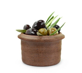 Salted olives and olive branches in a bowl isolated on white background