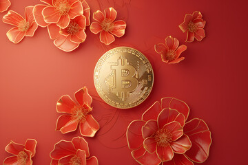 Bitcoin and flowers on red background. Cryptocurrency concept. Golden Bitcoin Amidst Blooming Flowers: A Symbol of Cryptocurrency's Growth and Prosperity on a Vibrant Red Background