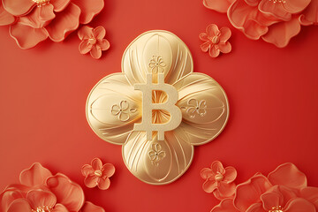 Bitcoin and flowers on red background. Cryptocurrency concept. Golden Bitcoin Amidst Blooming Flowers: A Symbol of Cryptocurrency's Growth and Prosperity on a Vibrant Red Background