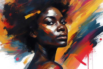 Abstract portrait black woman art with vibrant colors and visible brush strokes. Dynamic and energetic feel. Blurred rectangle obscuring part of the painting. Expressive and intense mood.