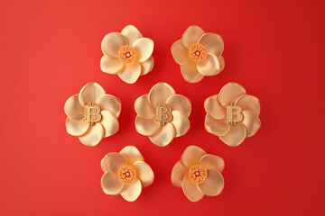 Bitcoin and flowers on red background. Cryptocurrency concept. Golden Bitcoin Amidst Blooming Flowers: A Symbol of Cryptocurrency's Growth and Prosperity on a Vibrant Red Background