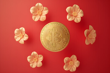 Bitcoin and flowers on red background. Cryptocurrency concept. Golden Bitcoin Amidst Blooming Flowers: A Symbol of Cryptocurrency's Growth and Prosperity on a Vibrant Red Background
