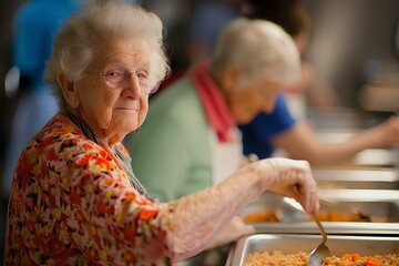 Elderly woman serving herself food at a community lunch, companions in background