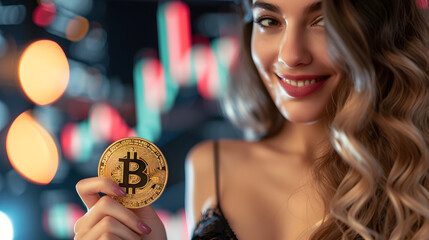 Close-up portrait of a beautiful young woman holding a golden bitcoin.Golden Bitcoin Amidst Neon Market Trends