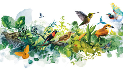 Obraz premium A colorful illustration bursting with various species of birds and lush plant life, evoking the diversity of a tropical habitat