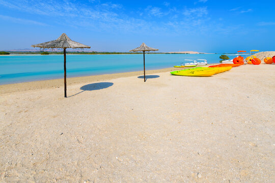 Umbrellas and watersport recreational vehicles on the sandy beach near the mangrove trees on the resort and wildlife sanctuary of Sir Bani Yas Island, Abu Dhabi, United Arab Emirates - Powered by Adobe