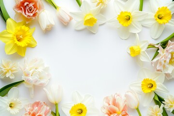Naklejka na ściany i meble Floral background. Spring flowers frame, layout with yellow and white daffodils and white tulips on white background. Top view, flat lay, copy space for text