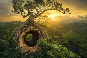 A Hollowed Ancient Tree in a Verdant Forest, Serving as a Safe Haven for Endangered Animals,...