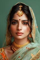 Indian Hindu Woman in Green and Gold Saree. Generative AI