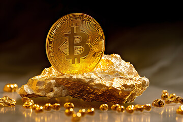 Golden Bitcoin: The Luminary of Cryptocurrency Amidst a Treasure Trove of Shimmering Coins,Golden bitcoin on stone background. Cryptocurrency concept. Digital money.