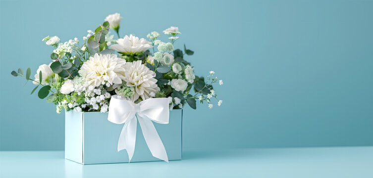 cute flower gift box with a bow with brassica,trachelium,dianthus,eucalyptus,lisianthus,sedum,dahlia,blue background,copy space,floristry concept,greeting and festive materials,floral design