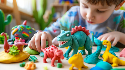 A focused young boy creatively plays with vibrant playdough, shaping them into various imaginative...