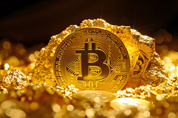 Golden Bitcoin: The Luminary of Cryptocurrency Amidst a Treasure Trove of Shimmering Coins,Golden bitcoin on stone background. Cryptocurrency concept. Digital money.