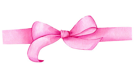 Watercolor hand drawn pink bow. Holiday ribbon for decorating. Cute bowknot for greeting cards, invitations, scrapbooking, packaging