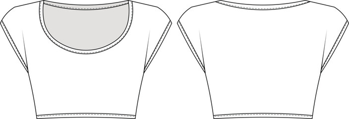 seamless short sleeve u neck scoop neck crop cropped blouse tee t-shirt top template technical drawing flat sketch cad mockup fashion woman design style model

