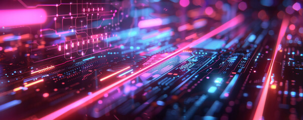 Close-up view of a vibrant circuit board with glowing neon light trails, showcasing the beauty of technology and electronics.
