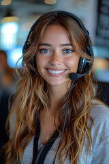A charming woman with a headset in a professional office, providing customer support and assistance.