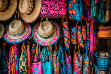 Street market selling bags, hats, beach accessories and souvenirs in touristic resort town