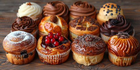 Homemade desserts showcase a delectable array of pastries, from chocolate cupcakes to berry tartlets. - obrazy, fototapety, plakaty