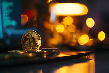 Golden Bitcoin Amidst Circuitry: A Glimpse into Digital Currency,Illuminated Bitcoin Amidst Intricate Computer Hardware Components