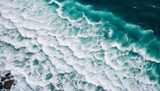 Aerial view of foamy waves on the seashore - Generative AI