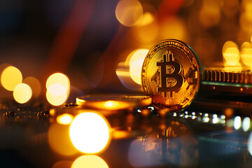 Golden Bitcoin Amidst Circuitry: A Glimpse into Digital Currency,Illuminated Bitcoin Amidst Intricate Computer Hardware Components