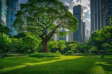 A Serene Park Nestled Among Skyscrapers, with an Ancient Tree at Its Center Serving as a Natural Monument to Urban Greening for Earth Day