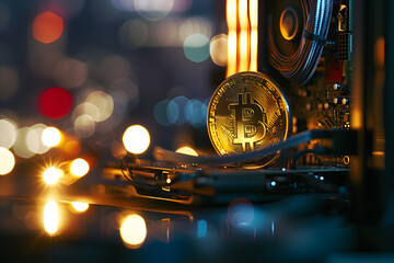 Golden Bitcoin Amidst Circuitry: A Glimpse into Digital Currency,Illuminated Bitcoin Amidst Intricate Computer Hardware Components