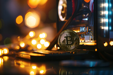 Golden Bitcoin Amidst Circuitry: A Glimpse into Digital Currency,Illuminated Bitcoin Amidst Intricate Computer Hardware Components