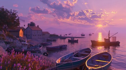 A serene view of a coastal village at twilight, with small fishing boats moored in the harbor and the last rays of the sun painting the sky in shades of purple and gold. - obrazy, fototapety, plakaty