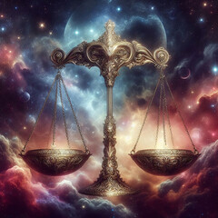 Fantastical cosmic backdrop with ornately designed scales symbolizing justice amidst celestial setting with vibrant nebulae interspersed stars and celestial bodies including moons and planets. - obrazy, fototapety, plakaty