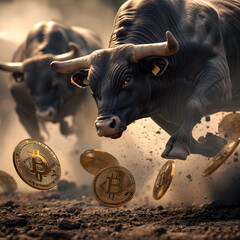 Bulls Charging Through Bitcoin Storm Symbolizing Bullish Cryptocurrency Market,Bull and bull with gold bitcoin coins. Cryptocurrency concept.