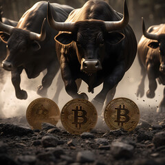 Bulls Charging Through Bitcoin Storm Symbolizing Bullish Cryptocurrency Market,Bull and bull with gold bitcoin coins. Cryptocurrency concept.