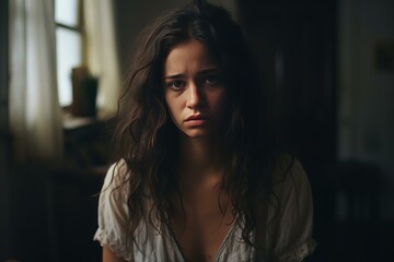 Fototapeta premium Tearful Sad upset young woman. Tired young sad female stress pain. Generate Ai