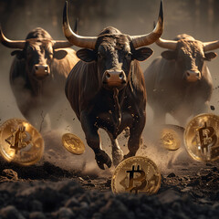 Bulls Charging Through Bitcoin Storm Symbolizing Bullish Cryptocurrency Market,Bull and bull with gold bitcoin coins. Cryptocurrency concept.