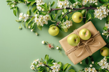 Gift wrapped in craft paper and spring blossoming apple tree branches, green apple fruits on a green background with copy space, flat lay