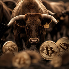 Bulls Charging Through Bitcoin Storm Symbolizing Bullish Cryptocurrency Market,Bull and bull with gold bitcoin coins. Cryptocurrency concept.