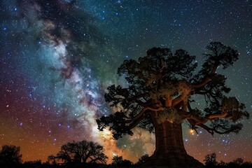 A Stately Sequoia Standing Tall Against a Starlit Sky, Its Massive Trunk Bearing Witness to Millennia, Embodying Natural Heritage and Wisdom for Earth Day - obrazy, fototapety, plakaty