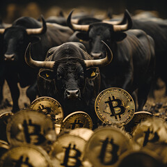 Bulls Charging Through Bitcoin Storm Symbolizing Bullish Cryptocurrency Market,Bull and bull with gold bitcoin coins. Cryptocurrency concept.