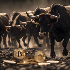 Bulls Charging Through Bitcoin Storm Symbolizing Bullish Cryptocurrency Market,Bull and bull with gold bitcoin coins. Cryptocurrency concept.