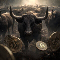 Bulls Charging Through Bitcoin Storm Symbolizing Bullish Cryptocurrency Market,Bull and bull with gold bitcoin coins. Cryptocurrency concept.