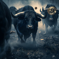 Bulls Charging Through Bitcoin Storm Symbolizing Bullish Cryptocurrency Market,Bull and bull with gold bitcoin coins. Cryptocurrency concept.
