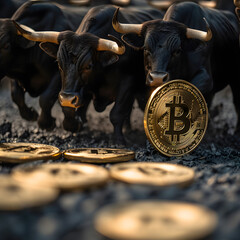 Bulls Charging Through Bitcoin Storm Symbolizing Bullish Cryptocurrency Market,Bull and bull with gold bitcoin coins. Cryptocurrency concept.