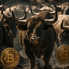 Bulls Charging Through Bitcoin Storm Symbolizing Bullish Cryptocurrency Market,Bull and bull with gold bitcoin coins. Cryptocurrency concept.