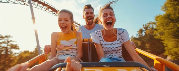 family having fun riding a rollercoaster at an amusement park, filling free time on holiday - obrazy, fototapety, plakaty