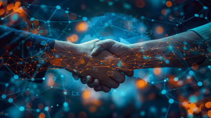 Two hands engaging in a futuristic digital handshake with glowing network patterns, symbolizing...