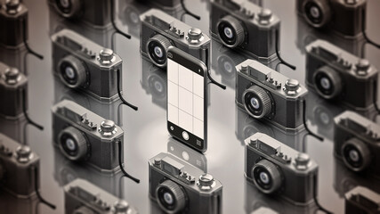 Smartphone stands out among vintage analogue SLR cameras. 3D illustration - obrazy, fototapety, plakaty