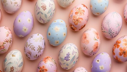 A pattern of pastel-colored Easter eggs with delicate floral designs arranged in an aesthetically pleasing display Generative AI - obrazy, fototapety, plakaty