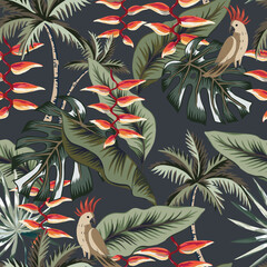 Tropical green leaves, palm trees, red heliconia flowers, parrots, black background. Vector seamless pattern. Floral illustration. Exotic plants, birds. Summer beach design. Paradise nature